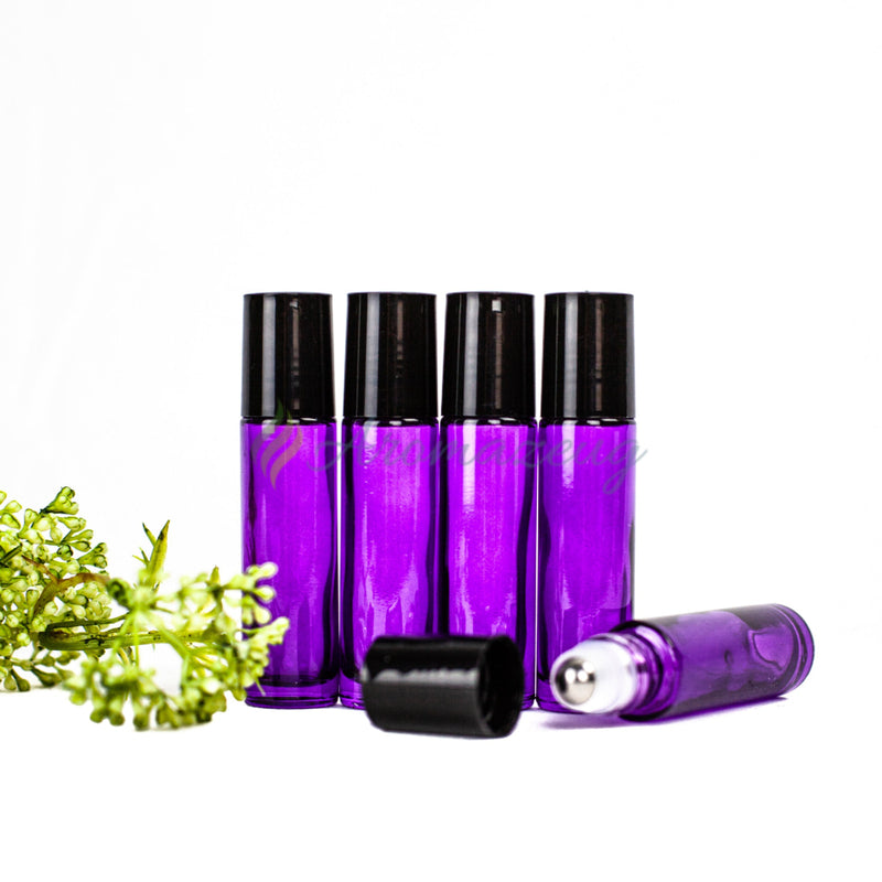 Laden Sie das Bild in Galerie -Viewer, 10 Ml Farbige Roll-On Flaschen Mit Premium-Rollern (Paket Von 5) Lila Flasche
