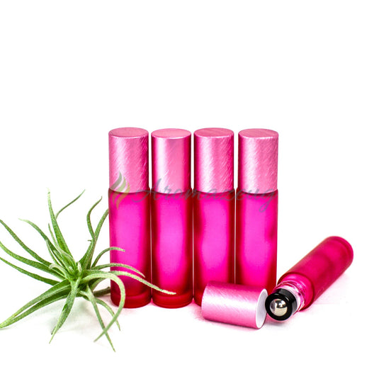 10 Ml Farbige Roll-On Flaschen In Matt Mit Metalldeckel Und Premium-Rollern - Paket Von 5 Rosa