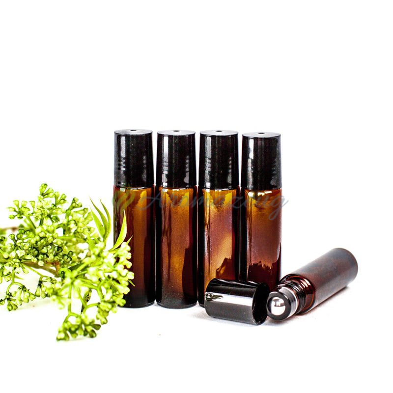 Laden Sie das Bild in Galerie -Viewer, 10 Ml Farbige Roll-On Flaschen Mit Premium-Rollern (Paket Von 5) Braunglas
