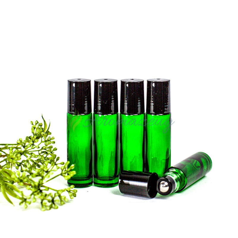 Laden Sie das Bild in Galerie -Viewer, 10 Ml Farbige Roll-On Flaschen Mit Premium-Rollern (Paket Von 5) Grün Flasche
