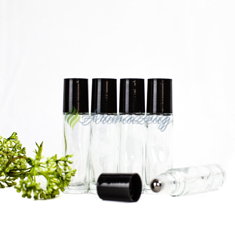 Laden Sie das Bild in Galerie -Viewer, 10 Ml Klare Roll-On Flaschen Mit Premium-Rollern (Paket Von 5) Schwarz Flasche
