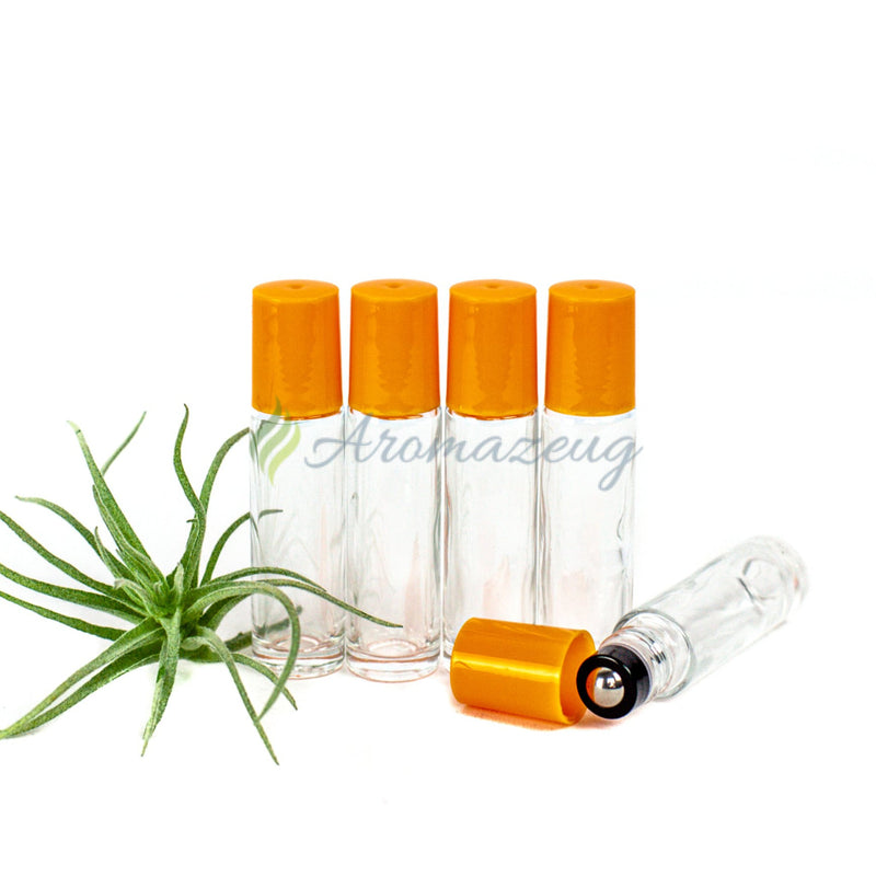 Laden Sie das Bild in Galerie -Viewer, 10 Ml Klare Roll-On Flaschen Mit Premium-Rollern - Paket Von 5 Orange Flasche

