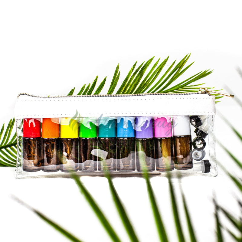 Laden Sie das Bild in Galerie -Viewer, 5 Ml Braune Roll-On Flaschen Mit Farbigen Deckeln Und Premium-Rollern &amp; Reiseetui Flasche
