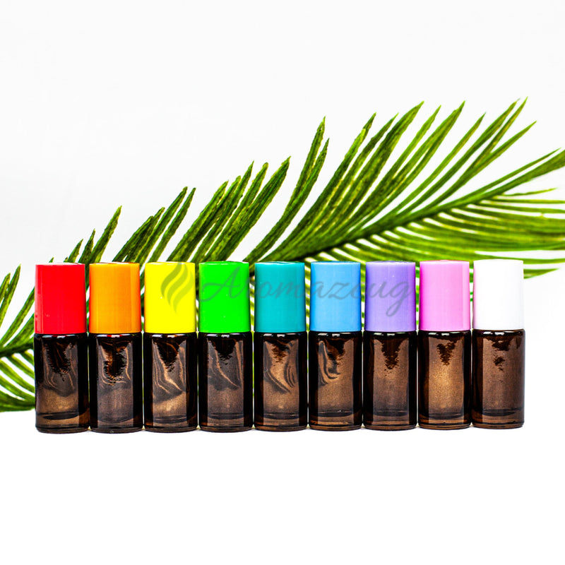 Laden Sie das Bild in Galerie -Viewer, 5 Ml Braune Roll-On Flaschen Mit Farbigen Deckeln Und Premium-Rollern &amp; Reiseetui Flasche
