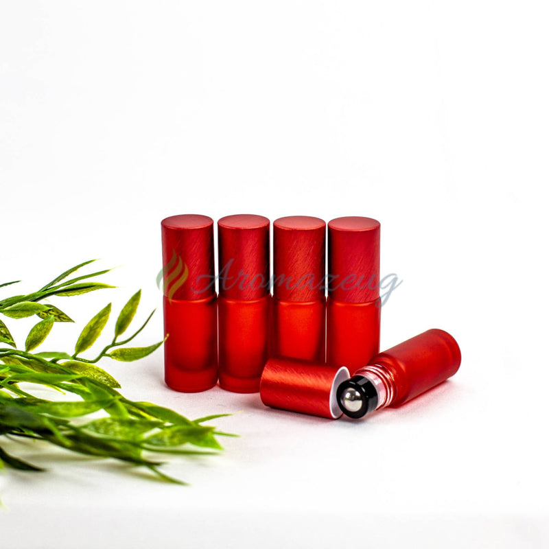 Laden Sie das Bild in Galerie -Viewer, 5 Ml Farbige Roll-On Flaschen In Matt Mit Metalldeckel Und Premium-Rollern - Paket Von Rot Flasche
