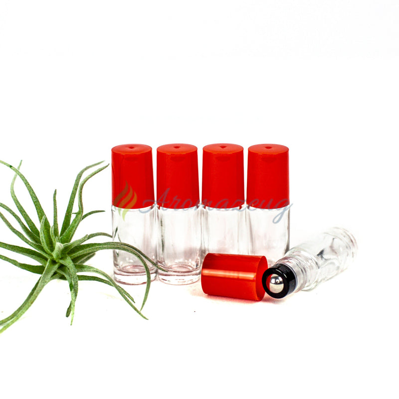 Laden Sie das Bild in Galerie -Viewer, 5 Ml Klare Roll-On Flaschen Mit Premium-Rollern (Paket Von 5) Rot Flasche

