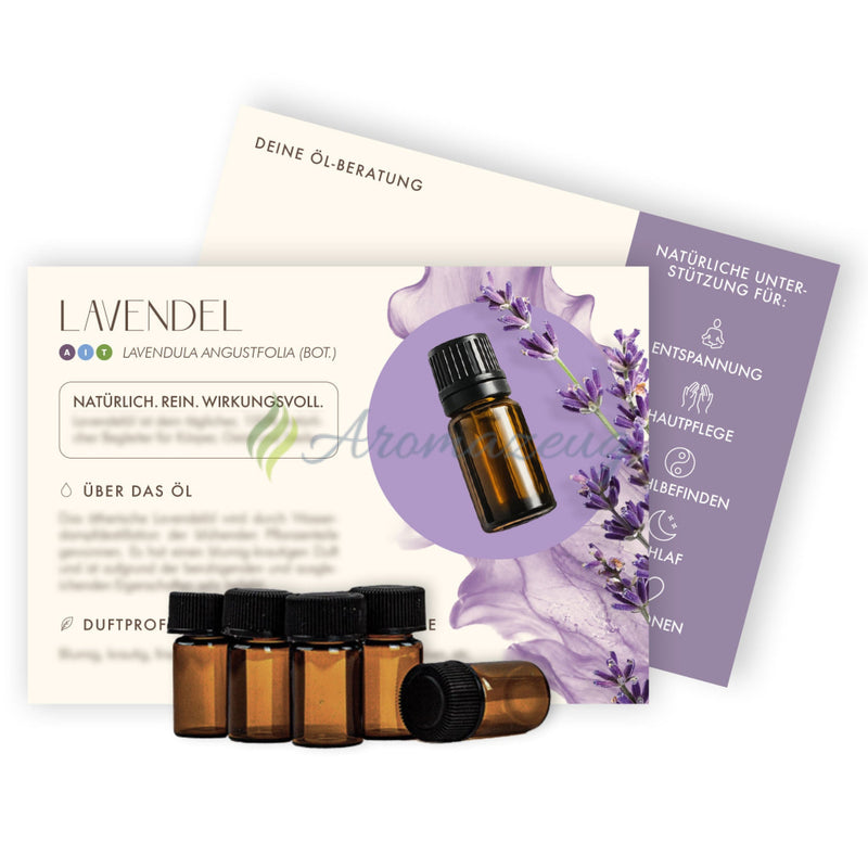 Laden Sie das Bild in Galerie -Viewer, B-Ware: Info-Kärtchen LAVENDEL mit 2ml Probeflaschen (10er-Pack) - Für Berater
