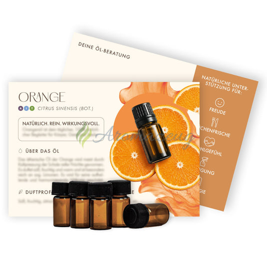 Info-Kärtchen ORANGE mit 2ml Probeflaschen (10er-Pack) - Für Berater