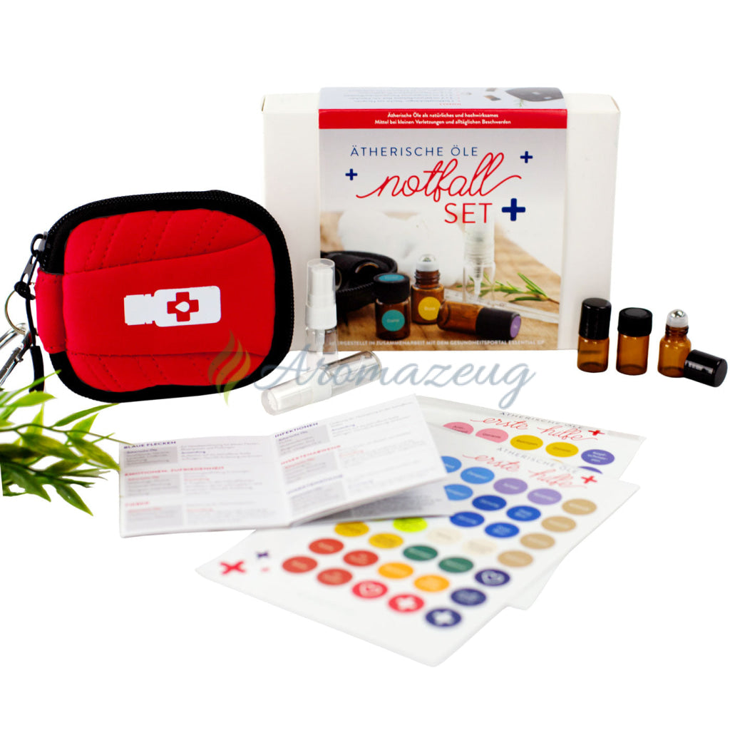 Erste Hilfe Kit (Aufbewahrungstasche, Flaschen, Erste-Hilfe Broschüre – Aromazeug