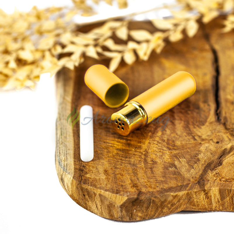 Laden Sie das Bild in Galerie -Viewer, Inhalierstift Aus Glas Mit Metallhülle Gold Zubehör
