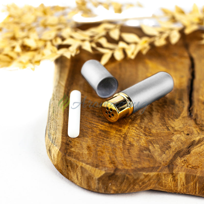 Laden Sie das Bild in Galerie -Viewer, Inhalierstift Aus Glas Mit Metallhülle Platin Zubehör
