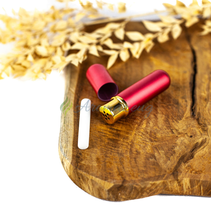 Laden Sie das Bild in Galerie -Viewer, Inhalierstift Aus Glas Mit Metallhülle Rot Zubehör
